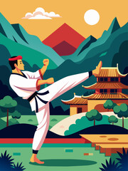 Taekwondo athletes display their martial arts skills in a scenic landscape.