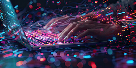 Closeup of hands typing on a keyboard with digital technology, software development concept. Coding programmer, software engineer working on laptop	