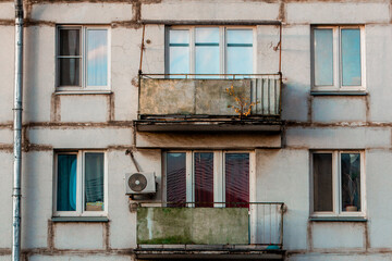 Old Khrushchev Moscow. Historic houses in the center of Russia. Facade of a residential building. Sight.