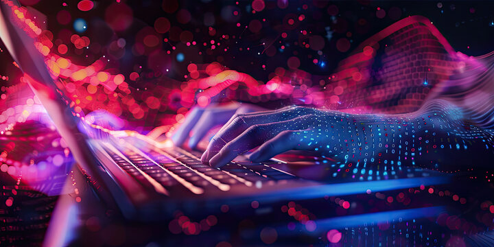 Closeup of hands typing on a keyboard with digital technology, software development concept. Coding programmer, software engineer working on laptop	