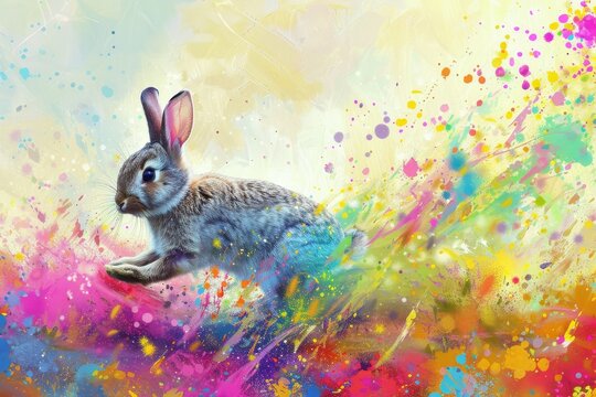 Easter Magic Unfolds: A Joyful Bunny Leaps Among Vivid Color Splashes in a Lush Field