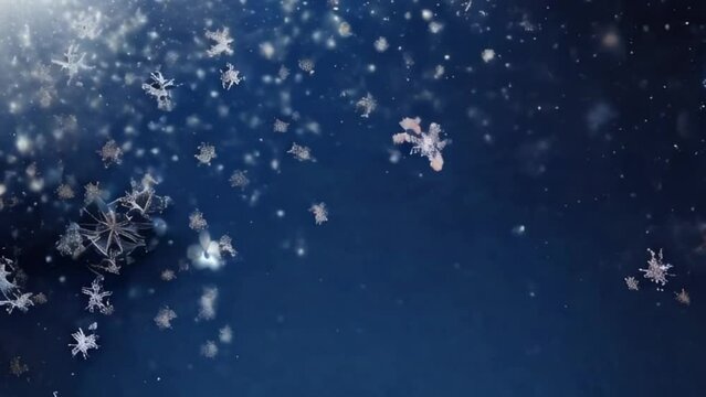 flying snow flakes and stars on blue background, motion