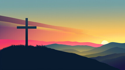 Cross on the hill with sunset. illustration of a Christian cross.
