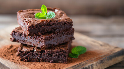 A stack of chocolate brownies on wooden background with mint leaf on top. Generative Ai