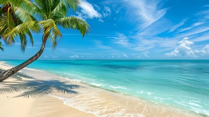 Fototapeta na wymiar Idyllic Tropical Beach Escape Palm Trees, Turquoise Water, and Golden Sand under a Clear Blue Sky
