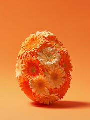 Close-up of an egg adorned with orange mini gerberas.Minimal creative food concept.