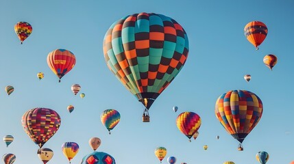 Fototapeta premium Colorful Hot Air Balloons Flying in Clear Blue Sky A Vibrant Display of Adventure and Joy
