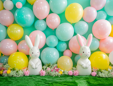Pastel colorful easter scene with balloons and a large Easter bunny for family photos and special Easter moments. Ideal for family photos or fashion magazine editorials.