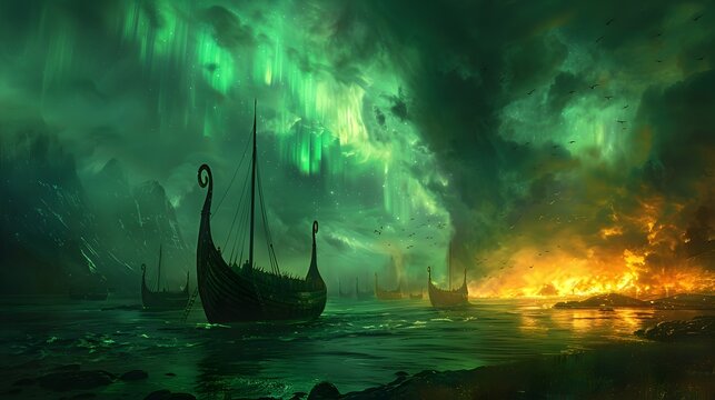 Viking Funeral Ships Ablaze Under Northern Lights in Stylized Fantasy Landscape