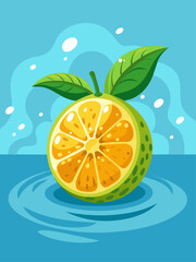 Tropical ugli fruit floating in water with a hazy blue background.