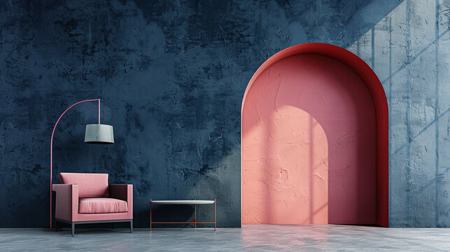 minimalist interior design, dark blue and pink wall with an arched shape in the middle of it, modern armchair on one side, coffee table on another, lamp over them, low angle shot, minimalistic, elegan