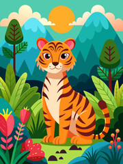Obraz na płótnie Canvas A cute tiger stands amidst a lush green landscape, its playful expression contrasting with the serene surroundings.