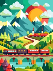 Kussenhoes A scenic vector landscape background featuring a train traversing a countryside, showcasing the beauty of nature and the power of transportation. © Design Adelsa