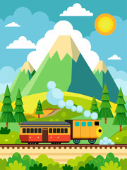 Fototapeta premium Train vector landscape background with mountains, trees, and a blue sky.
