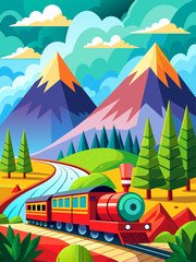A train running through a beautiful landscape with mountains and trees.