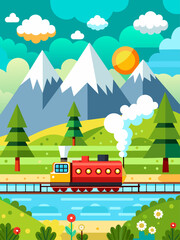 A train journeys through a scenic landscape adorned with mountains, forests, and a meandering river.