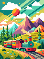 Train vector landscape background with mountains, trees, and a blue sky.