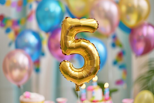 Golden helium floating balloon made in shape of number five. Children birthday party for 5 years celebration. Banner or greeting card