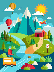 Fototapeta premium This vector landscape background features a vast and serene expanse of mountains, hills, and water bodies, creating a tranquil and picturesque scene.