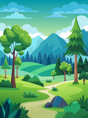 Trees vector landscape background depicting a serene and picturesque natural setting.