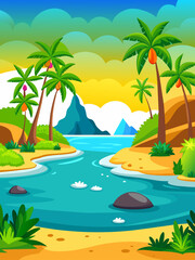 Fototapeta na wymiar Tranquil tropical waters and vibrant foliage create a serene landscape in this vector illustration.