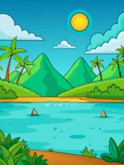 Fototapeten Tropical vector water landscape background with palm trees, mountains, and a sunset. © Design Adelsa