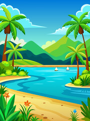 Fototapeta na wymiar Tropical vector water landscape background with palm trees, blue water, and white sand.