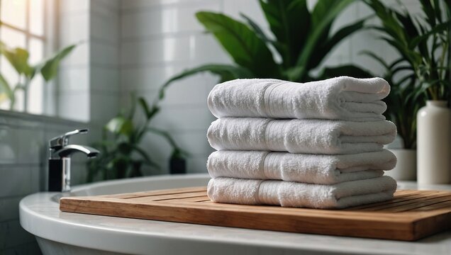 A stack of white towels on a table in a white Scandinavian style bathroom against a background of blurred green plants. Stylish image of a modern hotel bath. Concept of spa and self-care, hygiene.