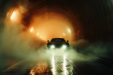 A lone sports car speeding through a dark tunnel headlights illuminating the smoke.