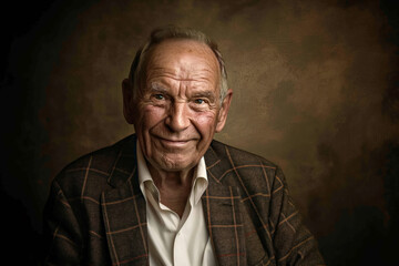 Obraz premium A photorealistic portrait of an elderly man with a warm, genuine smile, wearing a classic tweed jacket, set against a textured backdrop that highlights his timeless appeal