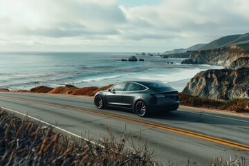A sleek electric car driving on a scenic coastal road emphasizing eco-friendly transportation.