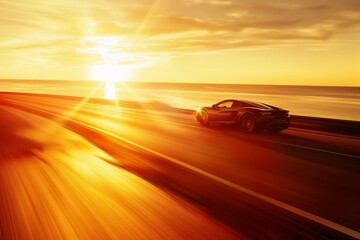 Capture a sleek sports car speeding down a deserted coastal highway at sunrise.