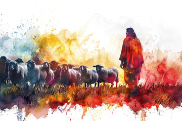 Colorful splash watercolor painting of Jesus Christ grazing sheep - obrazy, fototapety, plakaty