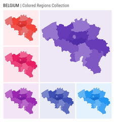Belgium map collection. Country shape with colored regions. Deep Purple, Red, Pink, Purple, Indigo, Blue color palettes. Border of Belgium with provinces for your infographic. Vector illustration.