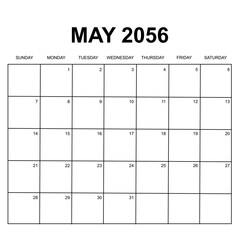 may 2056. monthly calendar design. week starts on sunday. printable, simple, and clean vector design isolated on white background.