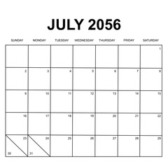 july 2056. monthly calendar design. week starts on sunday. printable, simple, and clean vector design isolated on white background.