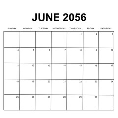 june 2056. monthly calendar design. week starts on sunday. printable, simple, and clean vector design isolated on white background.