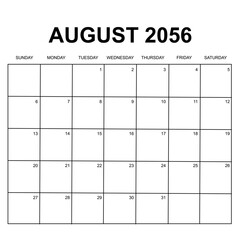 august 2056. monthly calendar design. week starts on sunday. printable, simple, and clean vector design isolated on white background.
