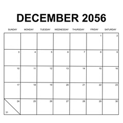 december 2056. monthly calendar design. week starts on sunday. printable, simple, and clean vector design isolated on white background.