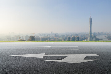 Urban Landscape with Clear Road Leading to Skyscraper - obrazy, fototapety, plakaty