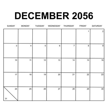 december 2056. monthly calendar design. week starts on sunday. printable, simple, and clean vector design isolated on white background.