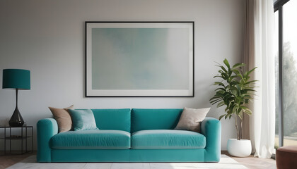 turquoise sofa and big posters interior design 