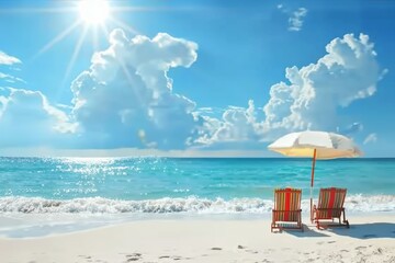 Beach chairs on the white sand beach with cloudy blue sky and sun. generative ai. - obrazy, fototapety, plakaty