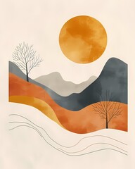 abstract painting landscape with mountain and golden sun minimal Boho style in neutral color