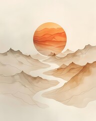 abstract painting landscape with mountain and golden sun minimal Boho style in neutral color