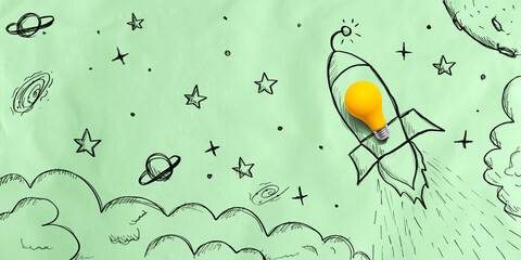 Idea light bulb rocket flying to the sky - Flat lay - 760210719