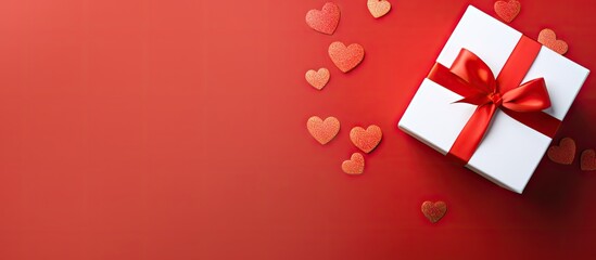 Festive Red and White Gift Box with Hearts on Vibrant Red Background