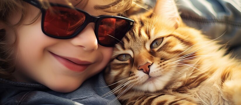 Cool girl in trendy sunglasses bonding with adorable fluffy cat in a sunny garden