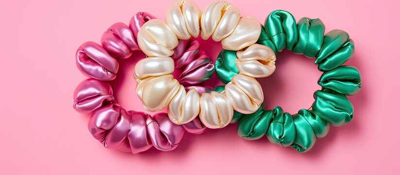 Vibrant and Fun Three Colorful Hair Scrunchies on Pastel Pink Background