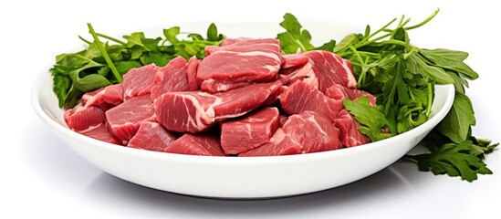 Fresh Organic Ingredients: Bowl of Raw Beef and Vibrant Greens for Healthy Cooking